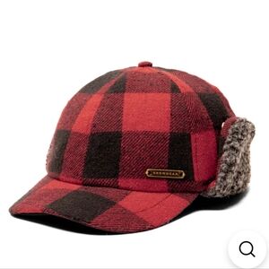 Crowncap Red and Black Buffalo Plaid Cap Faux Sheerling Lined With Ear Flaps